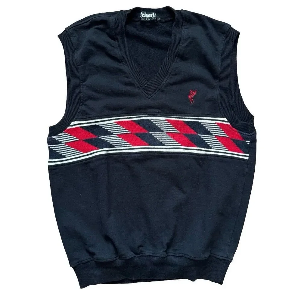 Vintage 90s Ashworth Golf Sweater Vest L Black Argyle Embroidered Logo USA Made